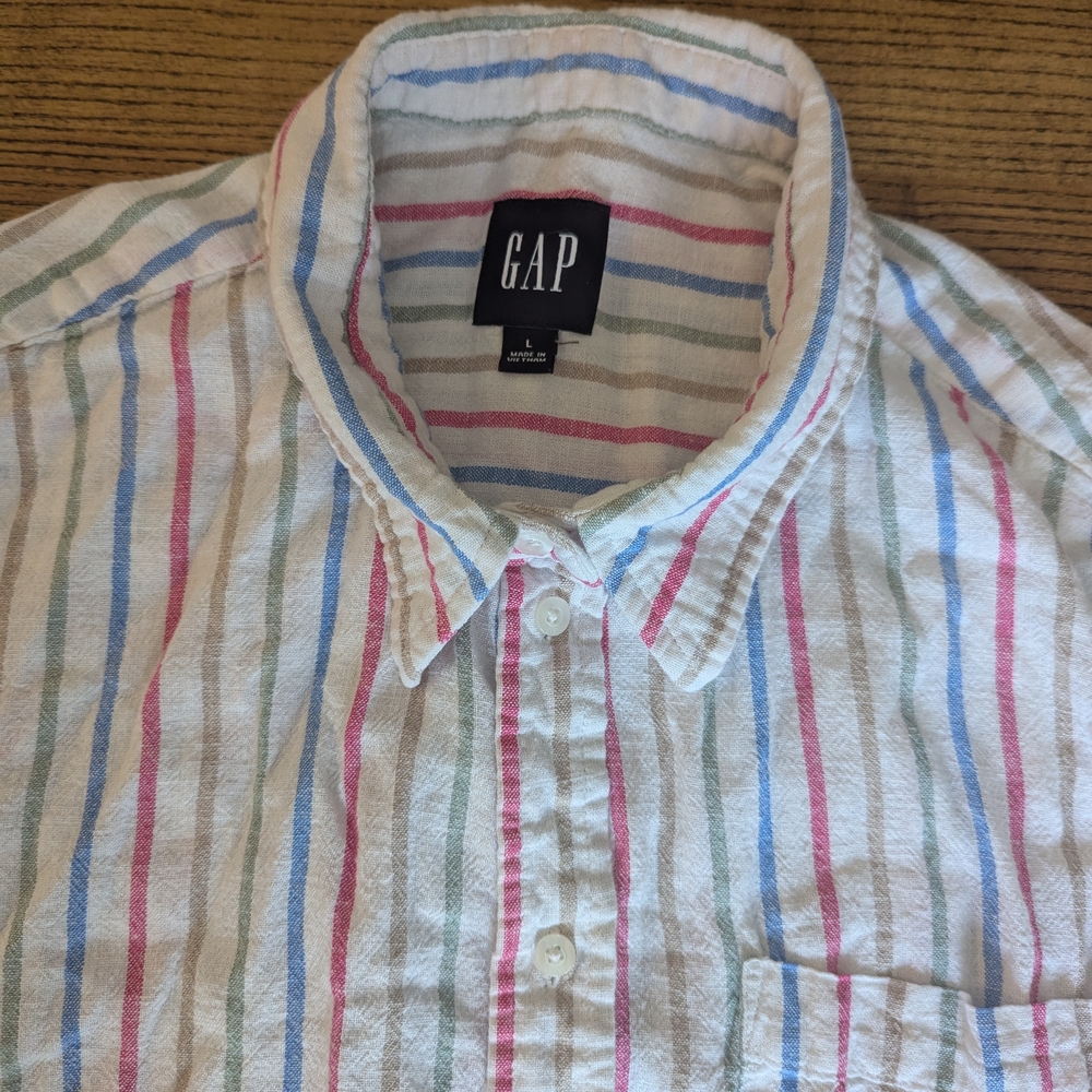 GUC Gap Women's Large Linen Blend Striped Button Down Long Sleeve Shirt Pink